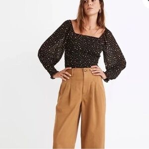 NWT Madewell Georgette Lucie Bubble-sleeve smocked peasant top black size 8